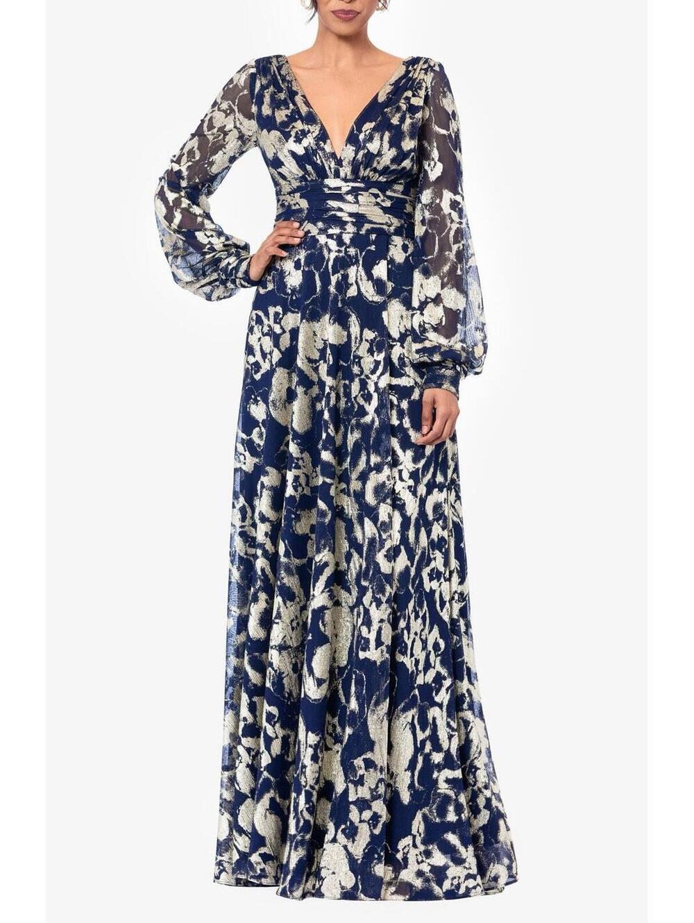 New Betsy & Adam Floral Metallic Long Sleeve A-Line Gown In Navy Gold Sz 12 $319